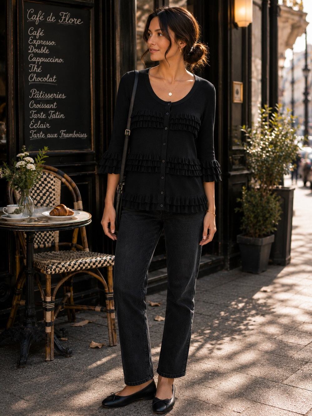 Susina Black Ruffle Button Front Cardigan Size Large Parisian Romantic